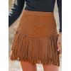imageCUPSHE Women Fringe Skirts Western Cowgirl Terra Cotta High Waist Mini Skirt Suede Tassel Short Counrty ConcertOrange Brown