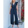 imageCUPSHE Women V Neck Lace Maxi Jumpsuit Ruffle Cap Sleeve Pockets Jumpsuit with Belt Overall Rompers OutfitsNavy Blue