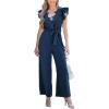 imageCUPSHE Summer Jumpsuits for Women Dressy Lace V Neck Ruffle Cap Sleeve Waist Tie One Piece Jumpsuit with BeltNavy Blue