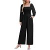 imageCUPSHE Womens Long Sleeve Jumpsuits Casual Square Neck Wide Leg Smocked One Piece Jumpsuit with PocketsBlack