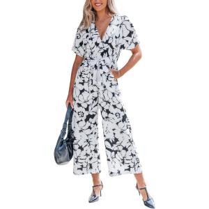 imageCUPSHE Jumpsuits for Women Dressy Belted Floral Print Overalls V Neck Shorts Sleeves Wide Leg Rompers Vacation OutfitsBlack