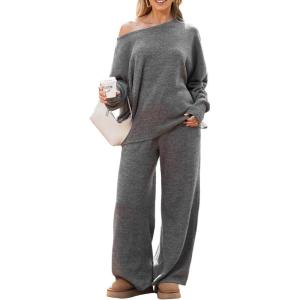 imageCUPSHE Knit Pants for Women Casual Wide Leg Drawstring Long Pants with Pockets High Waist Lounge Trousers Vacation OutfitsGrey