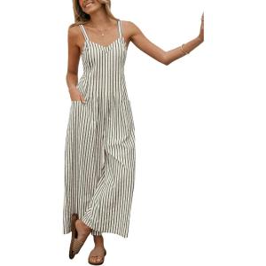 imageCUPSHE Maxi Jumpsuit for Women Striped Sleeveless Smocked Cutout Back Wide Leg Summer Casual Overall RomperBlack Striped