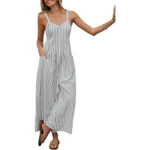 imageCUPSHE Maxi Jumpsuit for Women Striped Sleeveless Smocked Cutout Back Wide Leg Summer Casual Overall RomperBlue Striped