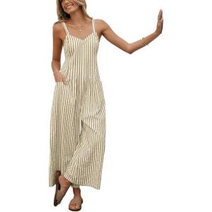 imageCUPSHE Maxi Jumpsuit for Women Striped Sleeveless Smocked Cutout Back Wide Leg Summer Casual Overall RomperBrown Striped