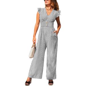 imageCUPSHE Summer Stripes Jumpsuits for Women V Neck Ruffle Cap Sleeve Romper Dressy Overalls Wide Leg Pants One Piece OutfitsBlack