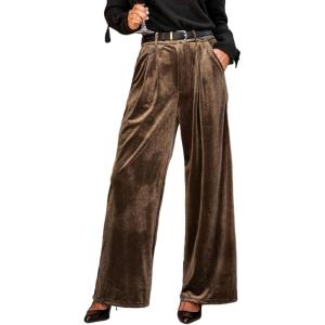 imageCUPSHE Velvet Pants for Women Wide Leg Dressy Velour Palazzo Work Pants with PocketsBrown