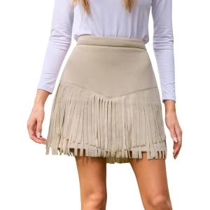 imageCUPSHE Women Fringe Skirts Western Cowgirl Terra Cotta High Waist Mini Skirt Suede Tassel Short Counrty ConcertApricot