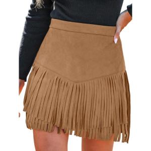 imageCUPSHE Women Fringe Skirts Western Cowgirl Terra Cotta High Waist Mini Skirt Suede Tassel Short Counrty ConcertCamel