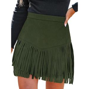 imageCUPSHE Women Fringe Skirts Western Cowgirl Terra Cotta High Waist Mini Skirt Suede Tassel Short Counrty ConcertDeep Olive