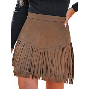 imageCUPSHE Women Fringe Skirts Western Cowgirl Terra Cotta High Waist Mini Skirt Suede Tassel Short Counrty ConcertLight Brown