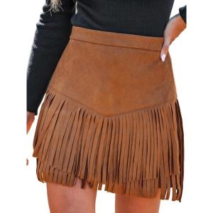 imageCUPSHE Women Fringe Skirts Western Cowgirl Terra Cotta High Waist Mini Skirt Suede Tassel Short Counrty ConcertOrange Brown
