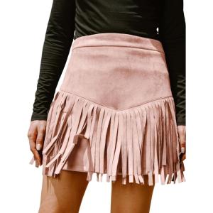 imageCUPSHE Women Fringe Skirts Western Cowgirl Terra Cotta High Waist Mini Skirt Suede Tassel Short Counrty ConcertPink