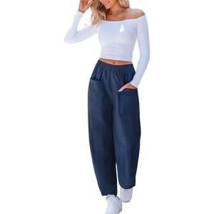 imageCUPSHE Women Pants HighWaisted Cargo Pant Pockets Leg Cotton Fit Coverup Elastic Work Casual DressyOcean Blue