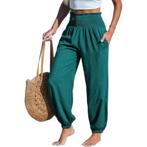 imageCUPSHE Women Pants Smocked Pockets Waist Wide Leg Ruffle Loose Fit Pant Casual Beach Green M