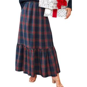 imageCUPSHE Women Skirts Plaid Ruffled Maxi Skirt Holiday HighRise Waist Long SkirtBlue