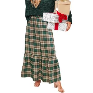 imageCUPSHE Women Skirts Plaid Ruffled Maxi Skirt Holiday HighRise Waist Long SkirtGreen