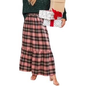 imageCUPSHE Women Skirts Plaid Ruffled Maxi Skirt Holiday HighRise Waist Long SkirtPink