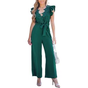 imageCUPSHE Women V Neck Lace Maxi Jumpsuit Ruffle Cap Sleeve Pockets Jumpsuit with Belt Overall Rompers OutfitsGreen