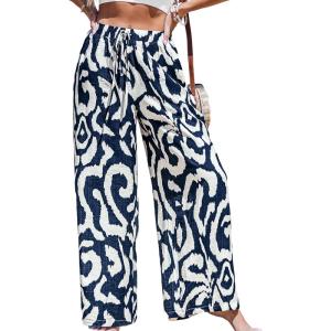 imageCUPSHE Women Wide Leg Pants High Waisted Trousers Linen Palazzo Lounge Beach Cover Ups Flowy PantsAbstract Blue