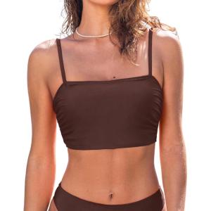 imageCUPSHE Womens Bikini Top Swimsuit Ruching Bandeau Top Spaghetti Adjustable StrapsChocolate Brown