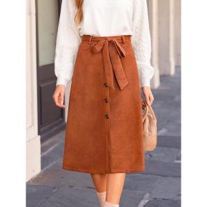 imageCUPSHE Womens Button Front Midi Skirts Suede Aline Waist Tie Long Skirt Western Casual Vacation