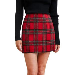 imageCUPSHE Womens High Waist Plaid Skirt Causal Bodycon Pencil Wool Mini Skirts Winter Fall A Line Elegent OutfitsRed Green