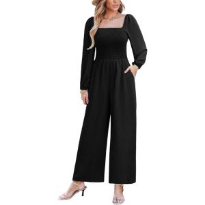 imageCUPSHE Womens Long Sleeve Jumpsuits Casual Square Neck Wide Leg Smocked One Piece Jumpsuit with PocketsBlack