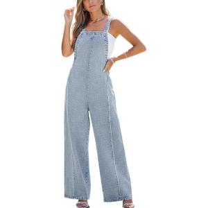 imageCUPSHE Womens Maxi Denim Jumpsuit Square Neck Sleeveless Casual Backless Loose Overall Jeans Wide Leg Long One Piece JumpsuitLight Blue