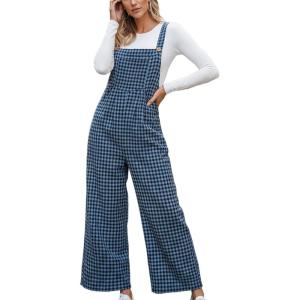 imageCUPSHE Womens Maxi Jumpsuit Square Neck Sleeveless Plaid Pockets Wide Leg Pleated Summer Casual Loose Overall Long RomperBlue Plaid