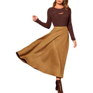 imageCUPSHE Womens Midi Skirts A Line Suede Skirt Dressy High Waisted Long Skirt with Pockets Casual Winter Fall Vacation OutfitsBrown