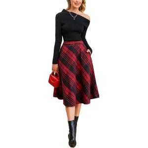 imageCUPSHE Womens Plaid Maxi Skirts Dressy A Line Tie Waist Long Skirt Casual Vintage Office with PocketsRed