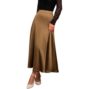 imageCUPSHE Womens Satin Midi Skirts A Line High Waisted Flowy Elegant Long Skirt Casual Vacation OutfitsCoffee