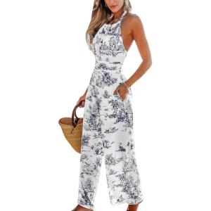 imageCUPSHE Womens Summer Jumpsuit Halter Casual Dressy Sleeveless One Piece Outfit Pockets Wide leg Pants RomperBlack Printed
