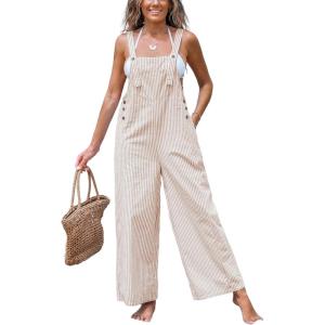 imageCUPSHE Womens Summer Jumpsuits Striped Wide Leg Overall Casual Straps Button Loose Maxi Rompers with PocketsBrown Striped