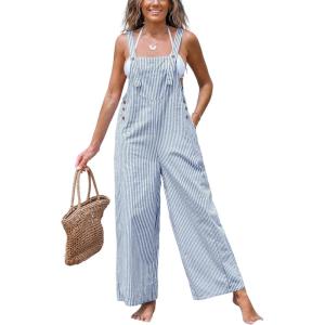 imageCUPSHE Womens Summer Jumpsuits Striped Wide Leg Overall Casual Straps Button Loose Maxi Rompers with PocketsNavy Striped