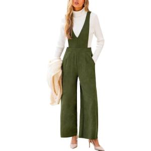 imageCUPSHE Womens Velvet Jumpsuits Casual V Neck Sleeveless Wide Leg Loose Fit One Piece Jumpsuit with PocketsGreen