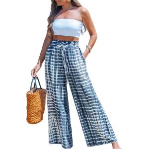 imageCUPSHE Womens Wide Leg Pants Elastic High Waisted Beach Trousers Cotton Linen Summer PalazzoTie Dye Blue