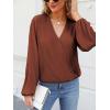 imageCUPSHE V Neck Wrap Velvet Tops Dressy Causal Long Sleeve Business Work Blouses Loose Fit Shirts Vacation OutfitsBrown