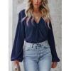 imageCUPSHE V Neck Wrap Velvet Tops Dressy Causal Long Sleeve Business Work Blouses Loose Fit Shirts Vacation OutfitsDark Blue