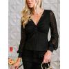 imageCUPSHE Women Long Sleeve Tops V Neck Twist Knot Sexy Mesh Casual BlousesBlack
