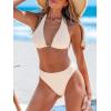 imageCUPSHE Womens Bikini Sets Three Piece Swimsuit V Neck Textured Halter Back Self Tie Twist Sarong Low RiseBeige