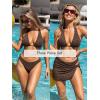 imageCUPSHE Womens Bikini Sets Three Piece Swimsuit V Neck Textured Halter Back Self Tie Twist Sarong Low RiseBrown