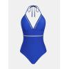imageCUPSHE Womens One Piece Swimsuit Halter V Neck Crochet Bathing Suit Cutout Back Adjustable Straps Self Tie SpaghettiCobalt Blue