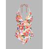 imageCUPSHE Womens One Piece Swimsuit Halter V Neck Crochet Bathing Suit Cutout Back Adjustable Straps Self Tie SpaghettiRedOrange Floral