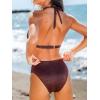 imageCUPSHE Womens Two Piece Bikini Sets V Neck Bathing Suits Textured Halter Side Shirred Back Hook Adjustable StrapsBrown