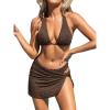 imageCUPSHE Womens Bikini Sets Three Piece Swimsuit V Neck Textured Halter Back Self Tie Twist Sarong Low RiseBrown