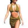 imageCUPSHE Womens Bikini Sets Three Piece Swimsuit V Neck Textured Halter Back Self Tie Twist Sarong Low RiseOlive Green