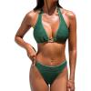 imageCUPSHE Womens Bikini Sets Two Piece Swimsuit Low Rise Cheeky Halter Straps Textured Fabric Plunging NeckEmerald Green