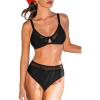 imageCUPSHE Womens Bikini Sets Two Piece Swimsuit V Neck High Waisted Bathing Suit Mesh Keyhole Adjustable StrapsBlack